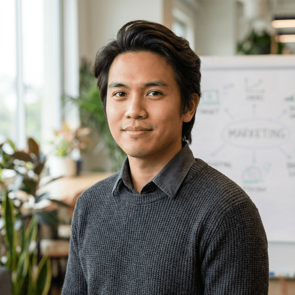 Smiling Asian man in a grey sweater standing in front of a marketing whiteboard.