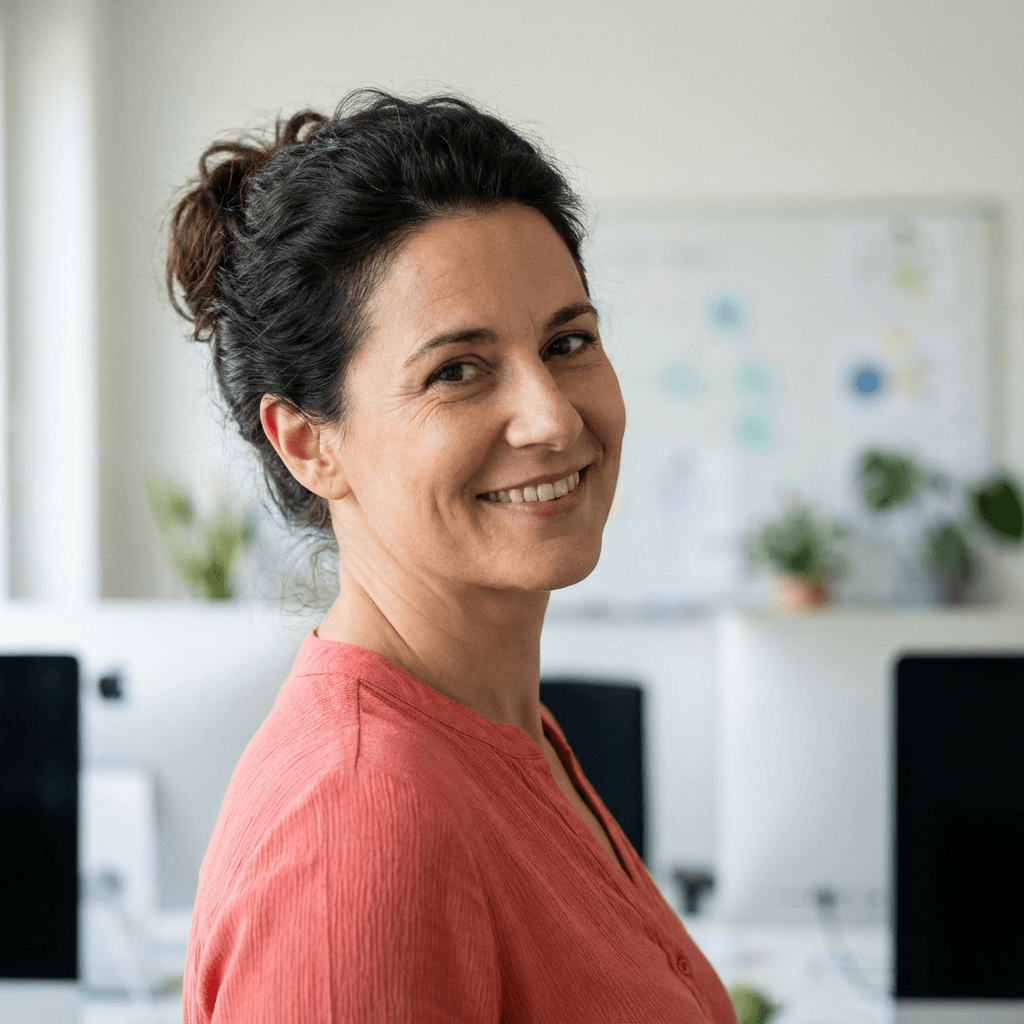 Smiling woman with dark hair in a bun wearing a coral top in an office.