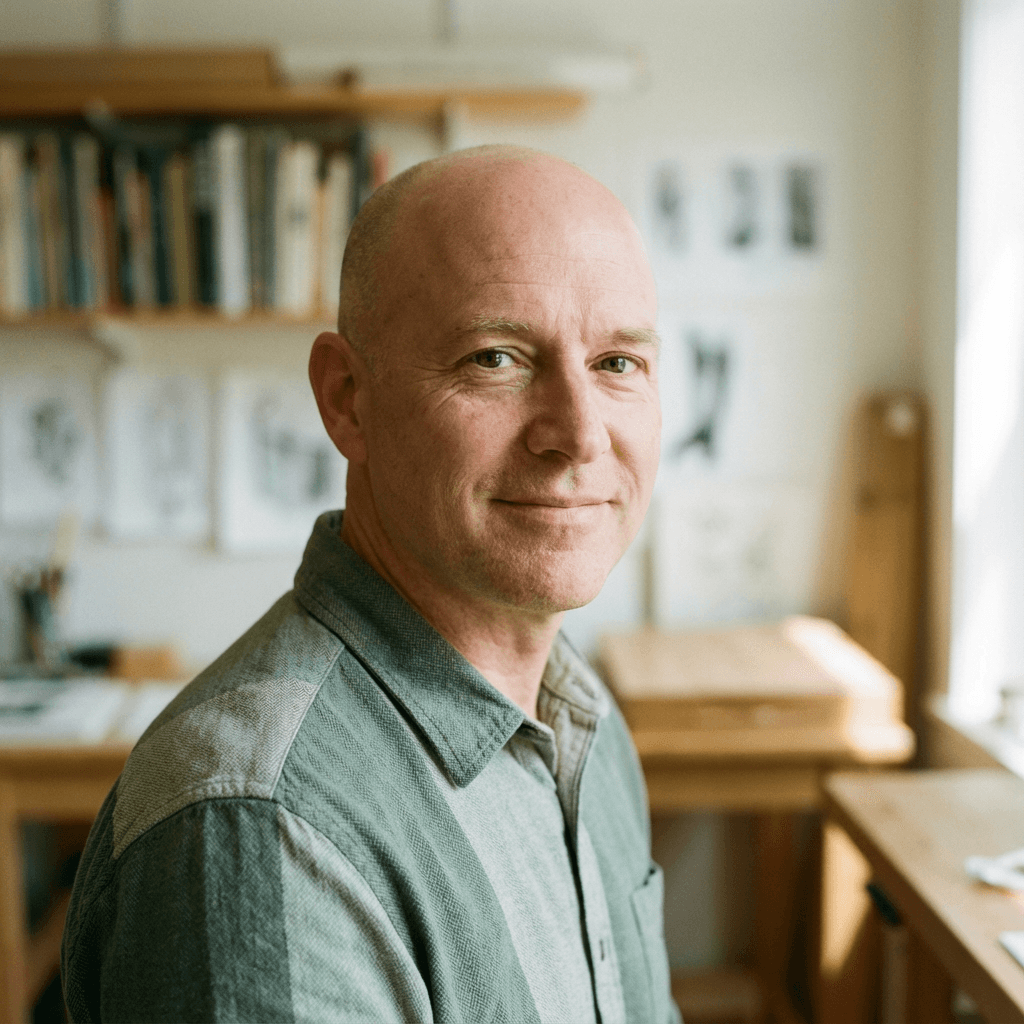Smiling bald man in a green button-down shirt sitting in a sunlit art studio.