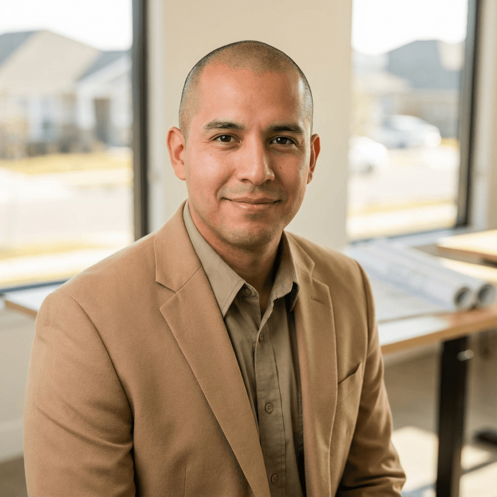 Portrait of the owner in his mid 40s, Hispanic, friendly and professional demeanor