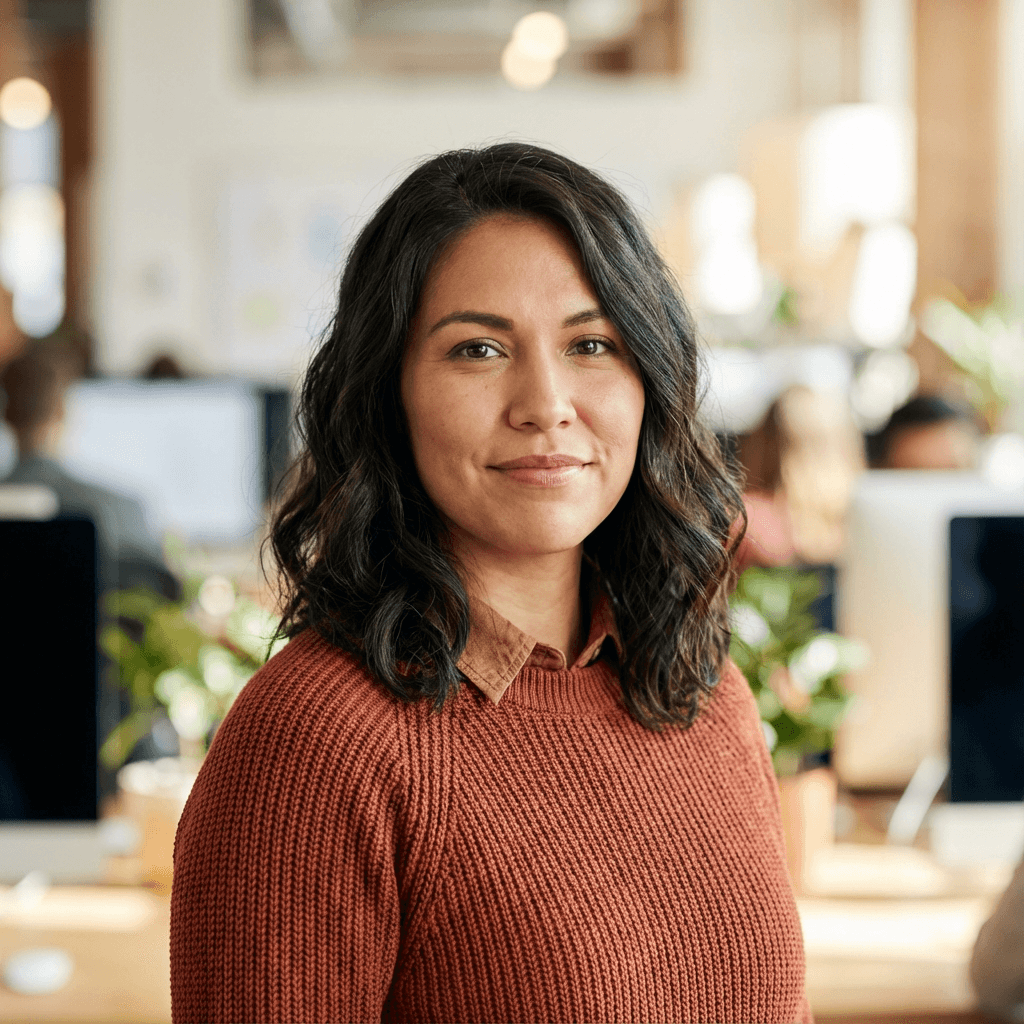 Smiling woman with dark wavy hair wearing a rust-colored sweater in a bright office.