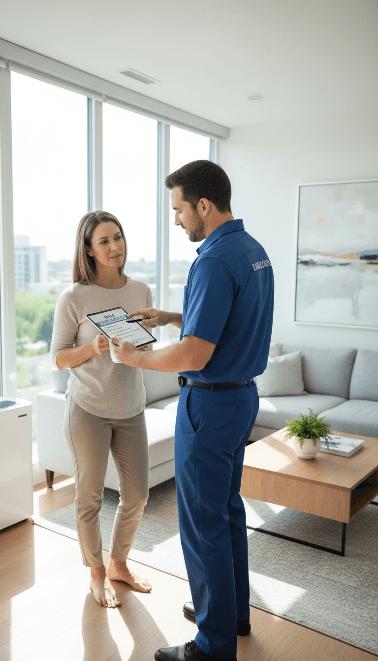 Technician showing a homeowner an HVAC maintenance checklist