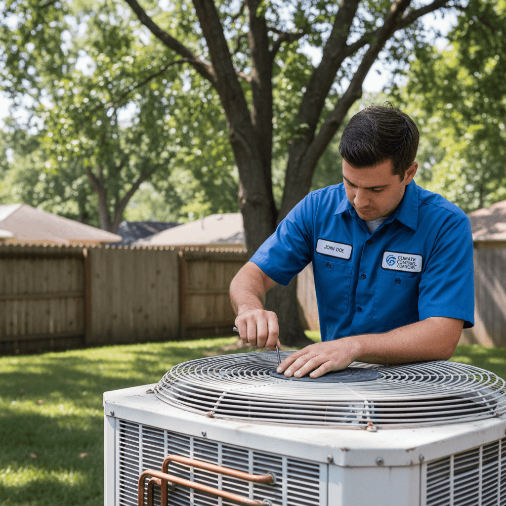 HVAC technician in Moreno Valley checking an outdoor air conditioning unit
