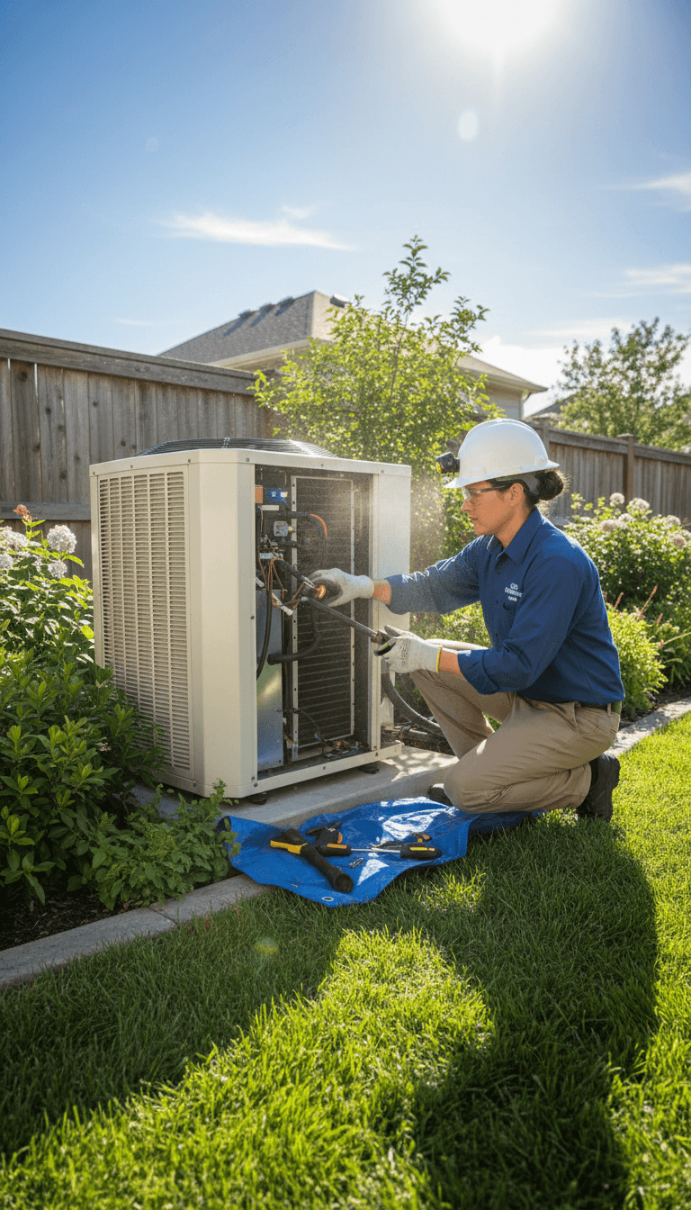 HVAC technician inspecting air conditioning unit in neat backyard