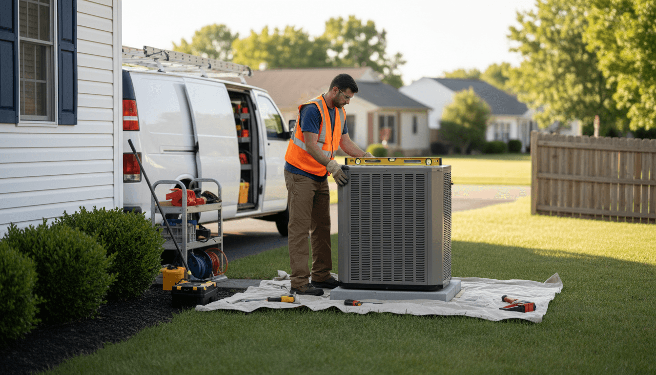 Technician installing new air conditioning outdoor unit in residential yard with service van visible in background