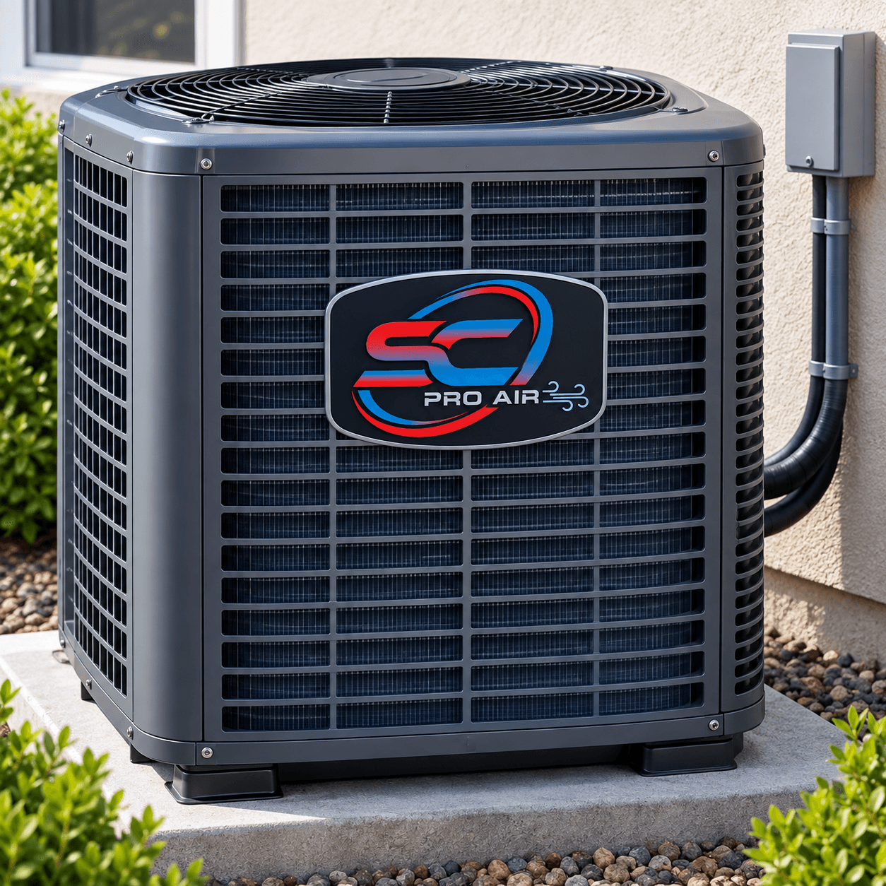 Dark gray SC Pro Air conditioning unit on a concrete pad surrounded by green bushes.